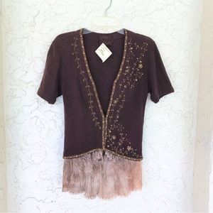 ✨Bonnie Strauss Vintage Cashmere Embellished Short Sleeve Sweater, NWT, SzM